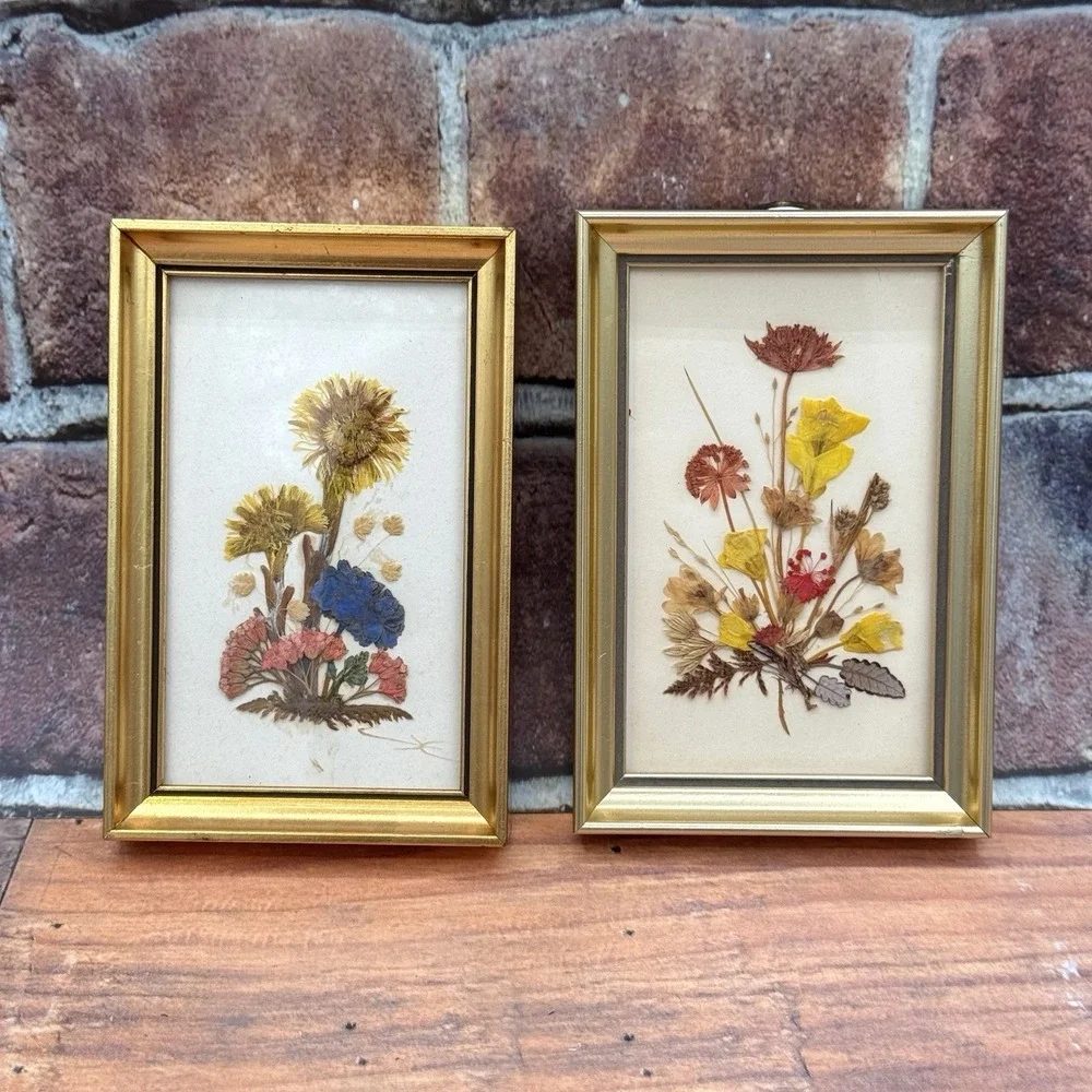Dried Flowers Art Gold-Tone Frame Set of 2 Reichlin of Switzerland/ Austria VTG